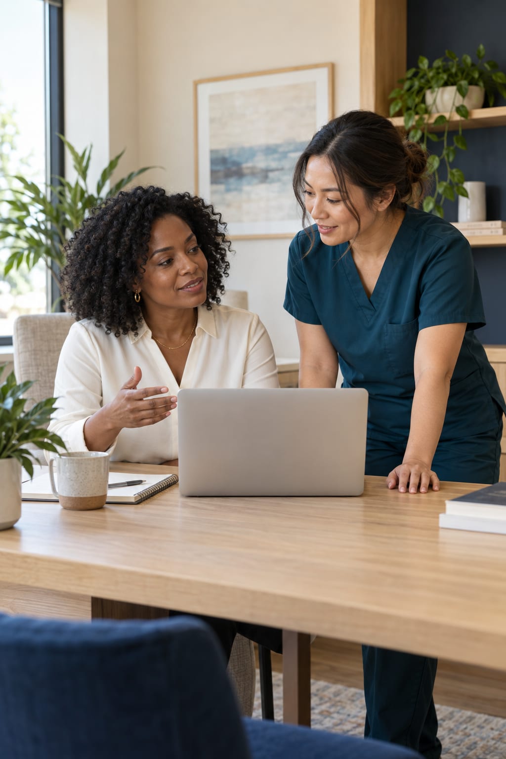 Two clinic team members working together at a laptop in a practice office