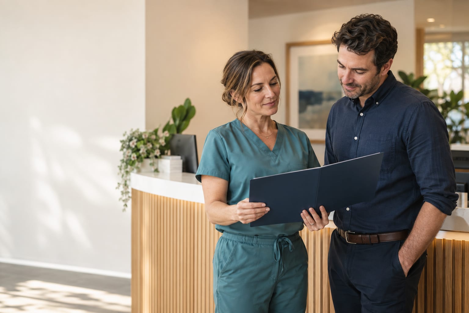 Two clinic team members reviewing a patient folder together at a bright reception desk